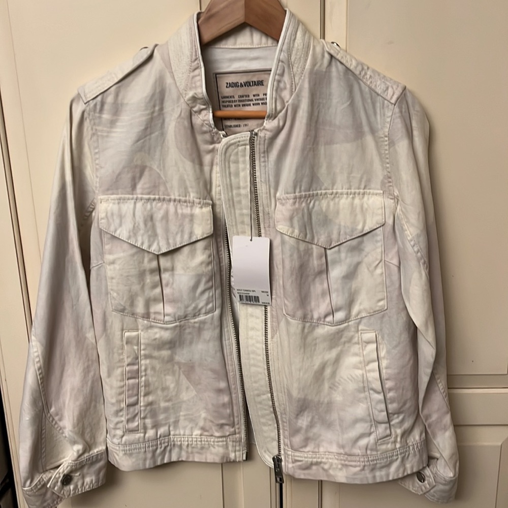Zadig and Voltaire NWT Kavy Camo Jacket w/ embroider butterflies back beige/pink